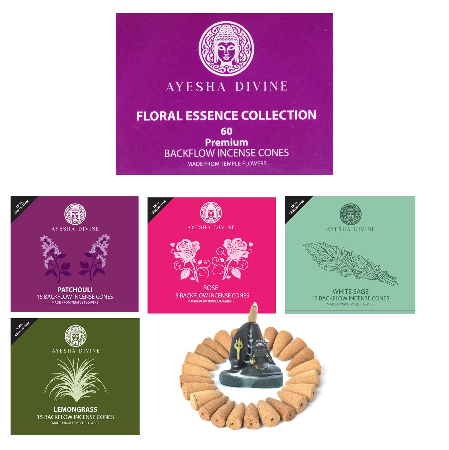 Ayesha Divine Floral Essence Collection – Premium Backflow Incense Cones (60 Cones, 4 Fragrances)