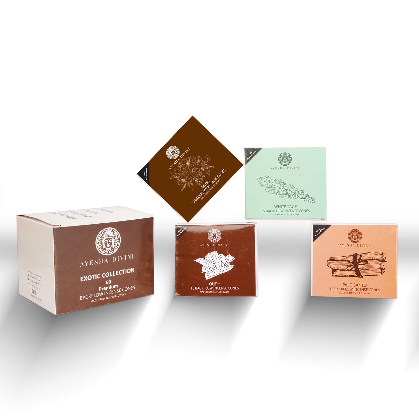 Ayesha Divine Exotic Collection – Premium Backflow Incense Cones (60 Cones, 4 Fragrances)