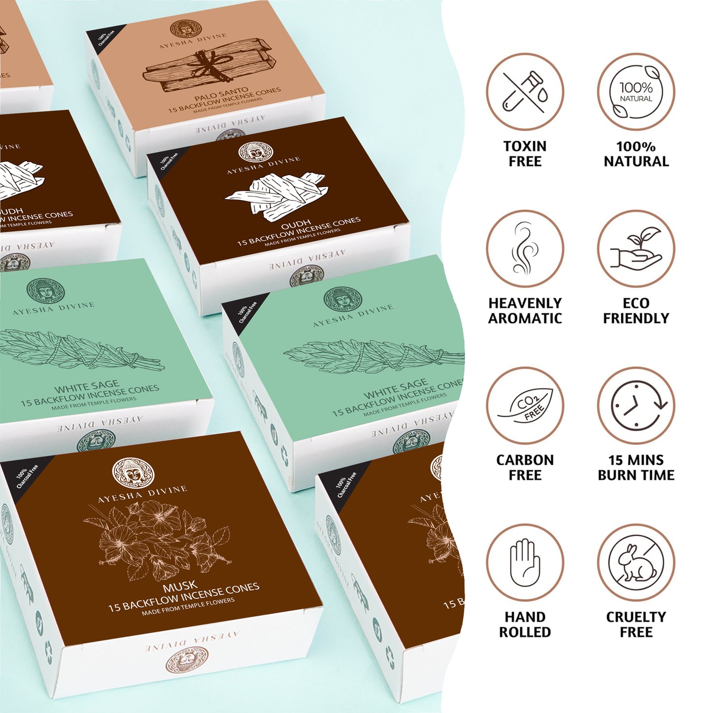 Ayesha Divine Exotic Collection – Premium Backflow Incense Cones (60 Cones, 4 Fragrances)