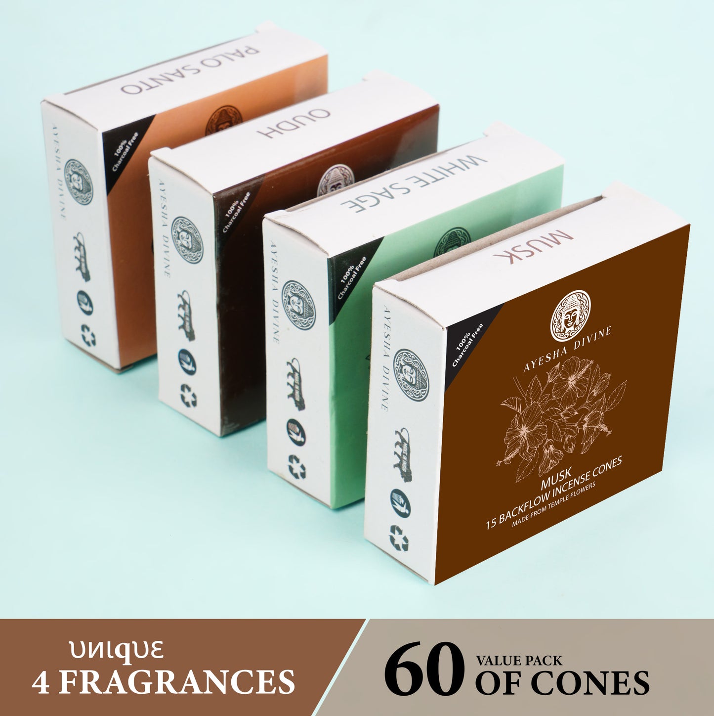 Ayesha Divine Exotic Collection – Premium Backflow Incense Cones (60 Cones, 4 Fragrances)